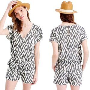 J.Crew Linen Blend Short Sleeve Romper‎ w/ pockets in Black White Ikat Print, XS
